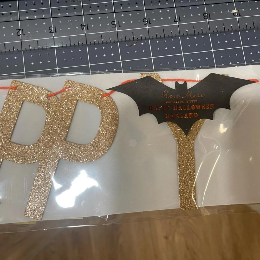 NWT - Meri Meri Happy Halloween Orange Sparkle Banner with bats on each …